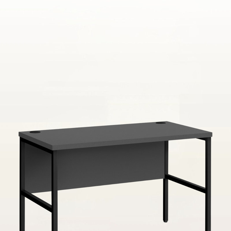 Bureau d'ordinateur à finition grise avec 2 trous et pied en métal noir Sydnea