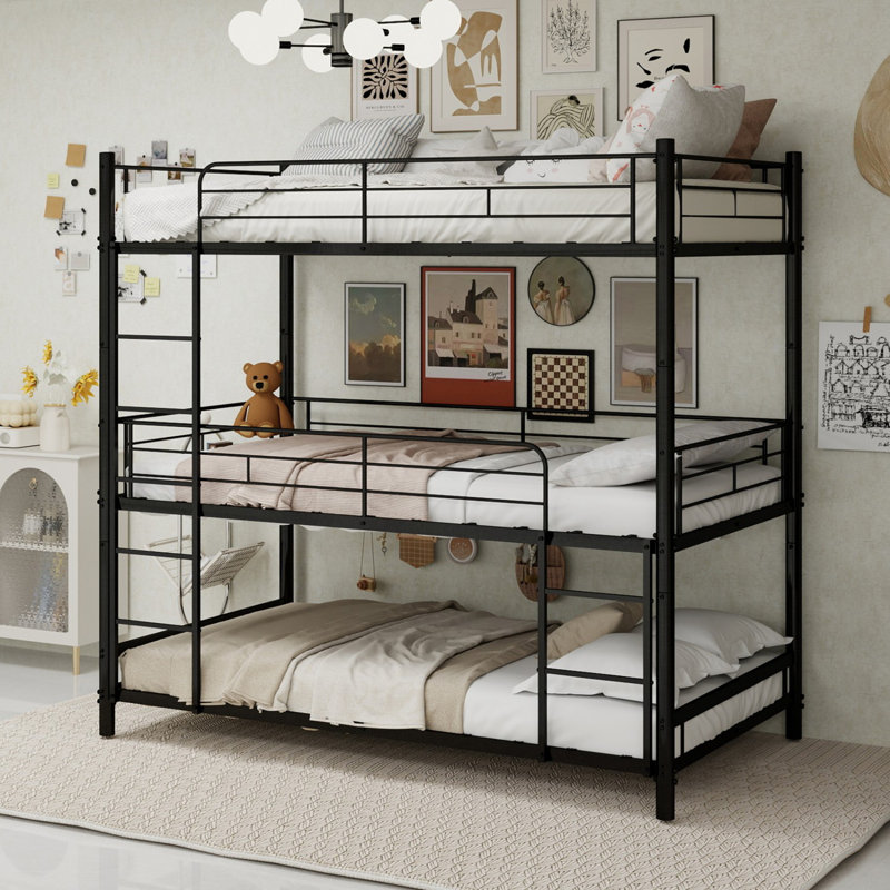 Triple Bunk Bed 3-tier Metal Frame For Dormitory & Shared Room, Space-saving 90x190cm Mattress, Sturdy Industrial Style