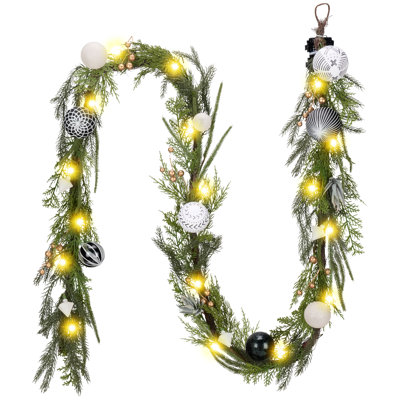 Juma Lighted Black and White Boho Style Christmas ball Pre-decorated Pine Garland