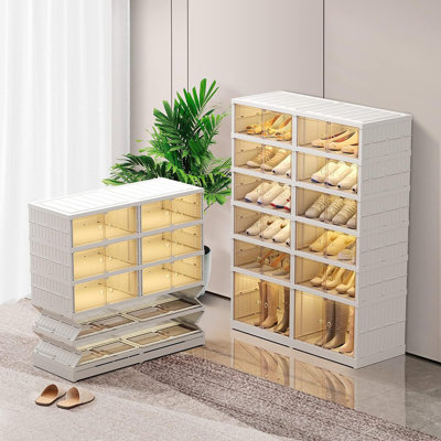 24-Pair Collapsible Plastic Shoe Storage Organizer For Closet, Stackable Clear Shoe Boxes With Doors And Lids, Easy-Assembly Shoe Cabinet Large Storage Shelf
