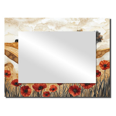 «Countryside Poppies And Cow And The Barn I» - Miroir floral pour décoration murale - imprimé sur métal