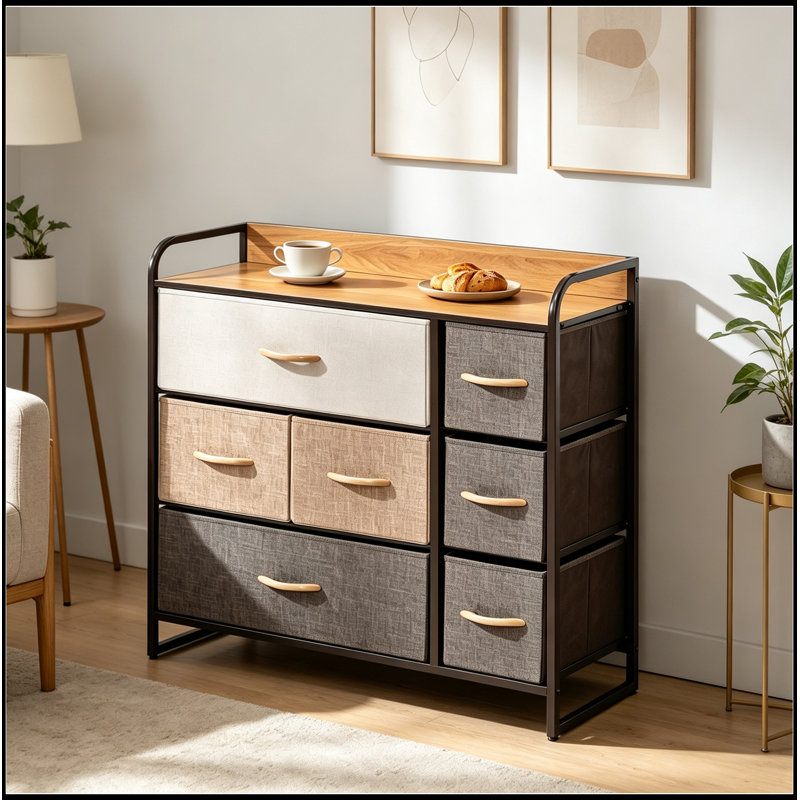 Armoire de rangement moderne avec tablette ouverte et tiroirs