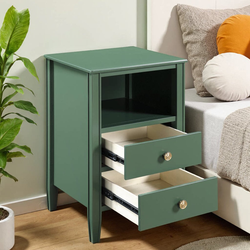 Winston 2-Drawer Nightstand with Open Shelf, Brushed Gold Knobs, Fluted Tapered Legs, No Assembly Required, Green
