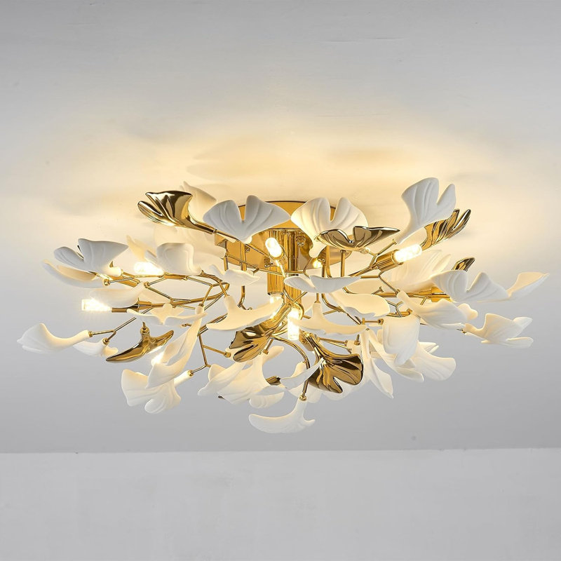 Plafonnier semi-encastré en laiton doré Ginkgo, 10 lumières, H 12 po x l 31,5 po x P 31,5 po