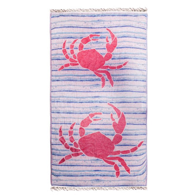 Turkish Peshtemal Beach Towel 100% Cotton Crab Pattern 40x70 Inches Quick-Dry Bath Towel Nautical Design for Beach Pool Spa Travel