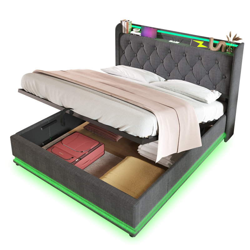 Grand lit tapissier, fonction DEL à 360 degrés, boutons / applications / télécommande, lit de rangement hydraulique avec chargement USB de type C, lin