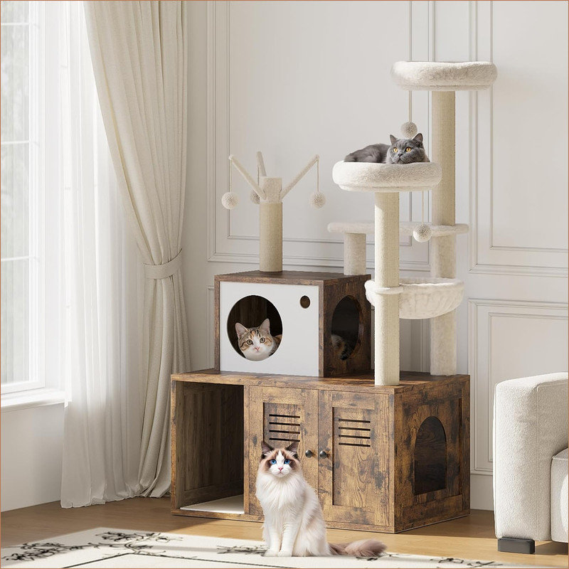 Litter Box Enclosure with Tree Tower and Condo, Wooden Cat Tower with Scratching Posts, Cat Hammock, Hidden Litter Box Furniture, Wooden Cat Furniture with Multiple Platforms