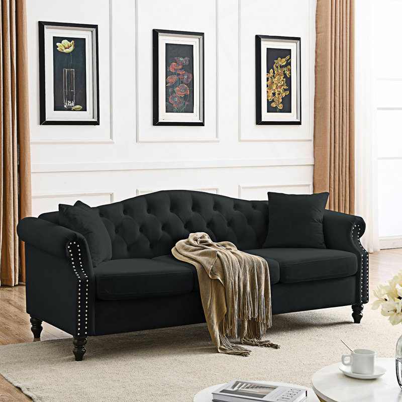 Tufted Couch With Rolled Arms, Chesterfield Sofa, Seater Sofa, Black, 3