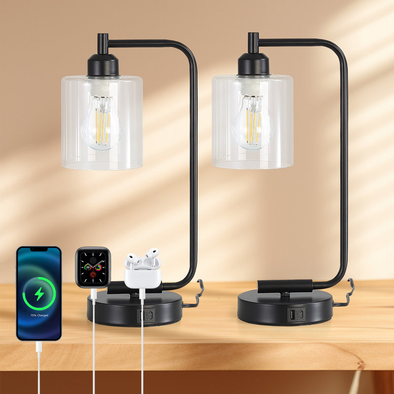 16"H Modern Black Glass And Iron Touch-Controlled Table Lamp With Dual Usb/Plug Charging, Supports Dimmable Bulbs (Set Of 2)