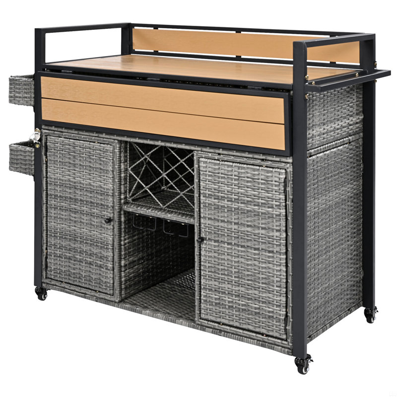 K&K 52.8"W Wicker Outdoor Grill Cart With Extended Plastic Wood Table Top, Rolling Kitchen Island On Wheels With Storage Cabinet, For Patio Backyard Garden Poolside, Double Handle Design, Grey