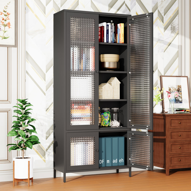 Grande armoire de rangement en métal avec 4 portes vitrées et 5 tablettes latérales