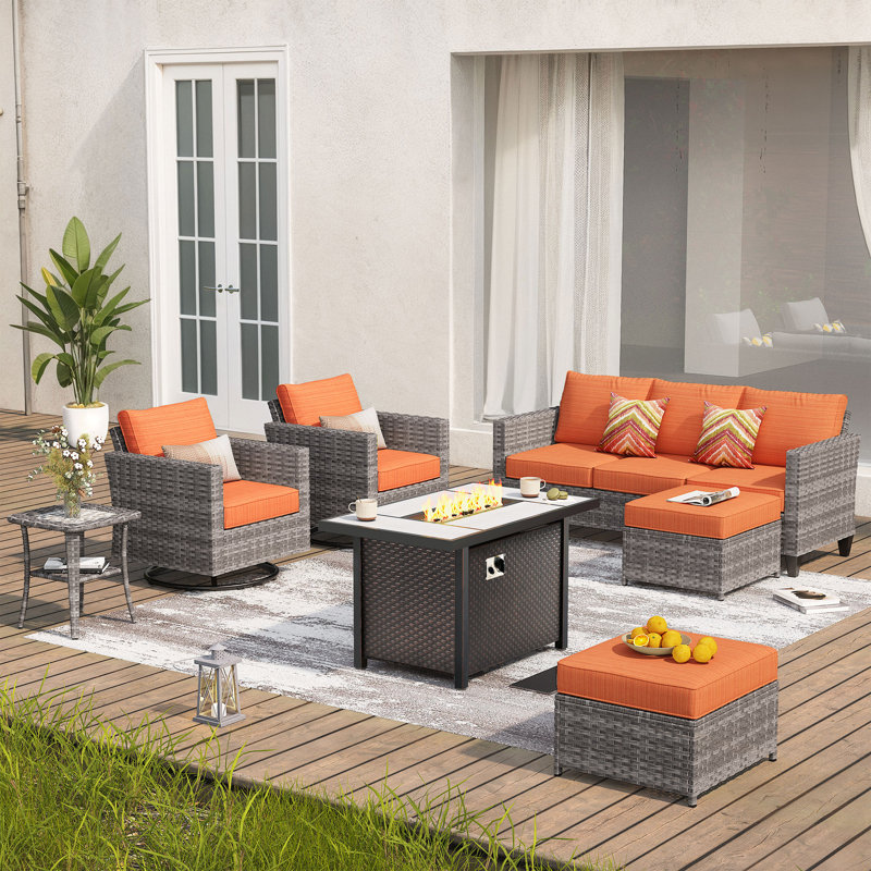 Outdoor Wicker 7 Person Seating Group With Swivel Rocking Armchairs And Fire Pit Table, Orange Red