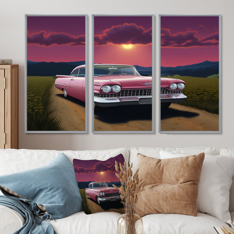 «Vintage American Car American» - art mural rétro, Encadrement argenté, H 40 po x l 60 po x P 1 po
