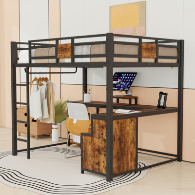 2 Drawers Full Metal Loft Bed With Desk, Shelves, Hanging Rob, Ladder And Guardrails
