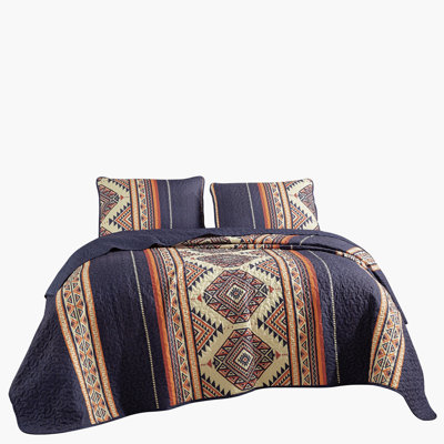 Navy Aztec Print Microfiber Quilted Reversible 3 Piece Bedspread Set，King