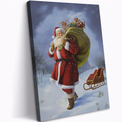 Grand Abiella - Père Noël marchant dans une scène hivernale enneigée avec traîneau et cadeaux, impressions sur toile de Noël classiques, photo de fête, œuvre d'art murale rétro, prête à être suspendue, 24 po x 32 po