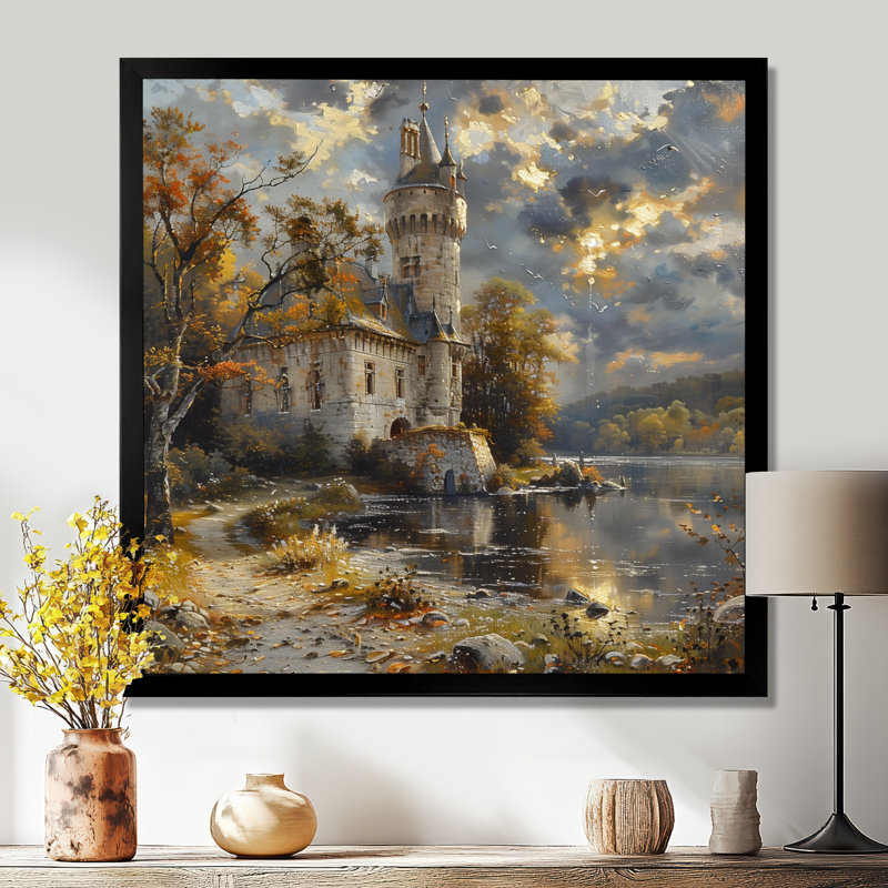 Beige gris tourelle tourelle du château II - art mural châteaux, Toile encadrée noire simple, H 16 po x l 16 po x P 1 po