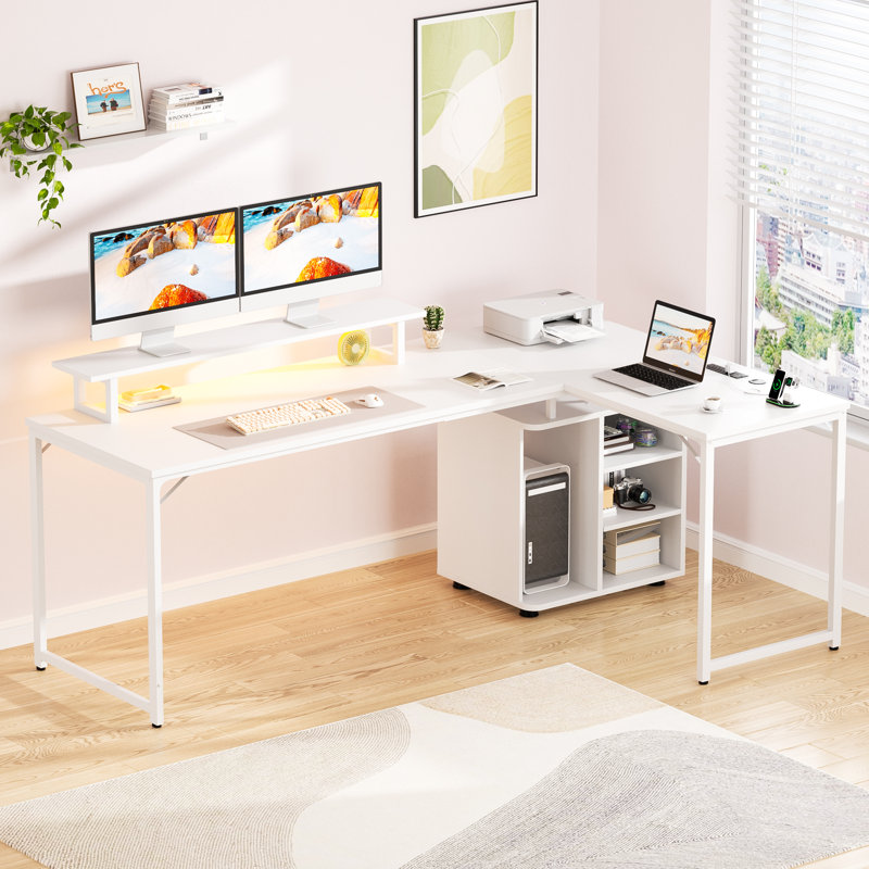 Joro L Shaped Desk with Cabinet 58.3 Inch Reversible Corner Computer Desk or 2 Person Long Table, White