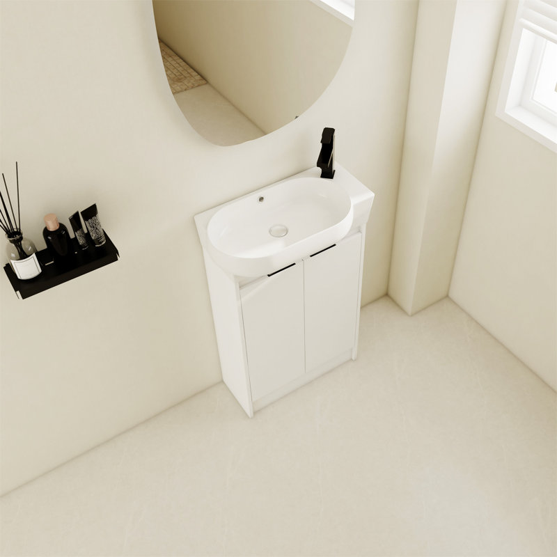 Meuble-lavabo autoportant de 23 po avec lavabo en céramique, porte et armoire de salle de bain, Blanc brillant