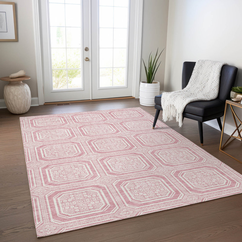 Pink and White Rectangular Washable Synthetic Rug