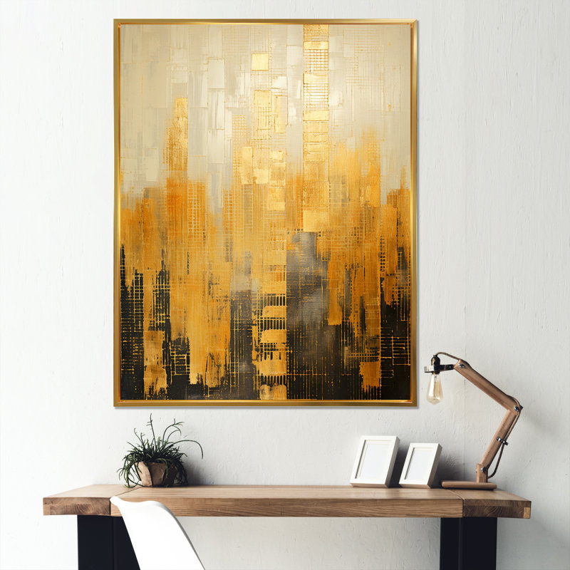 Toile dorée sur fond de gratte-ciel doré sur toile, Cadre flottant doré, H 44 po x l 34 po x P 1,5 po