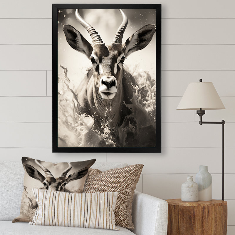 Keao Afrique Antilope gracieux saut - impression, Cadre simple noir, H 20 po x l 12 po x P 1 po