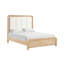 Structure de lit grand format avec tête de lit matelassée, style transitionnel, finition naturelle et placage en bois de manguier
