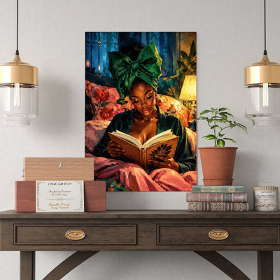 Canvas Wall Art Woman Reading Book In Bed With Green Headwrap Vintage Poster Print Home Decor