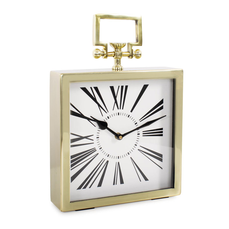 Gold Square Handled Table Clock with Textured Metal Surround