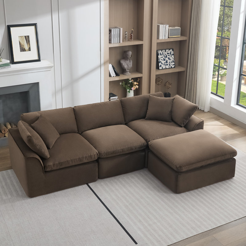 Canapé modulaire moderne en chenille avec repose-pieds mobile, aucun assemblage requis, Brun, 3, Forme en L