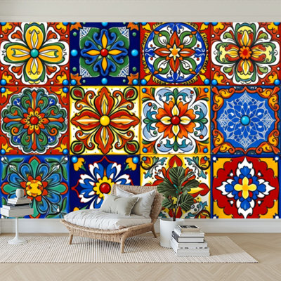 Wall Mural Peel and Stick Wallpaper Mexican talavera ceramic tile seamless Ethnic folk ornament Italian Self-Adhesive Removable Contact Paper Wall Decor for Living Room Bedroom 100"H x 144"W