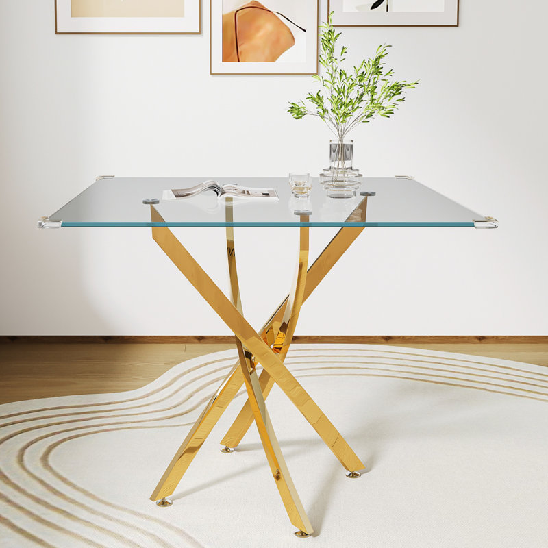Glass Top Metal Base Dining Table, Gold