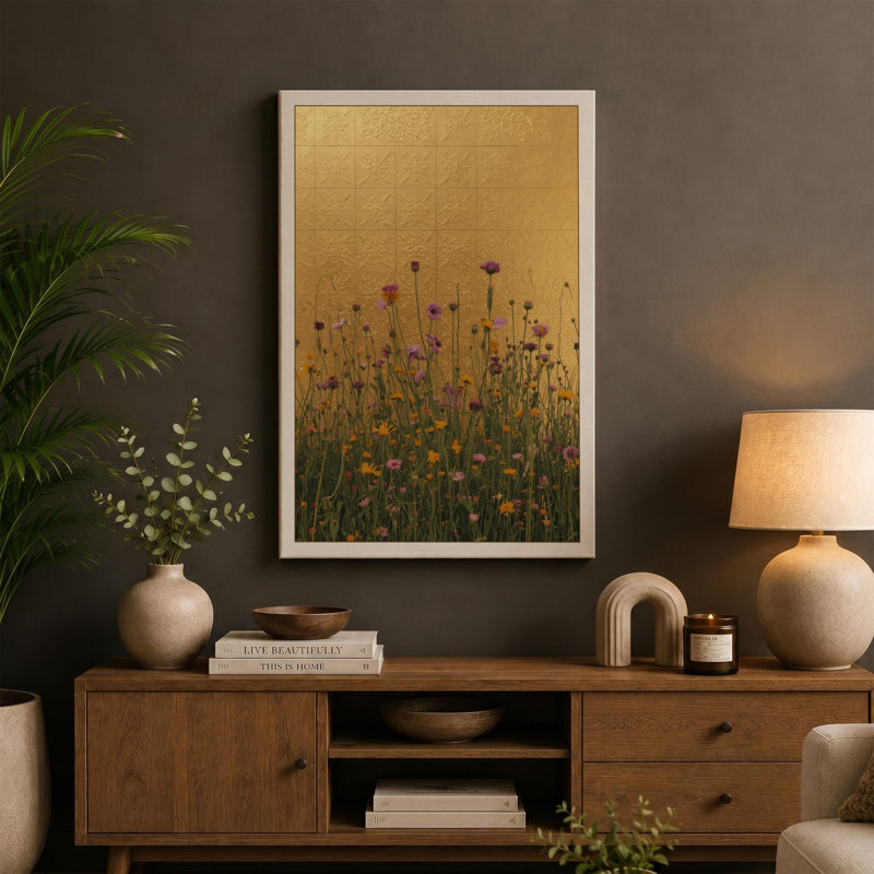Wildflower Meadow Botanical - Wrapped Canvas, 24x16 - 61.0 x 40.6 cm, Teal Border