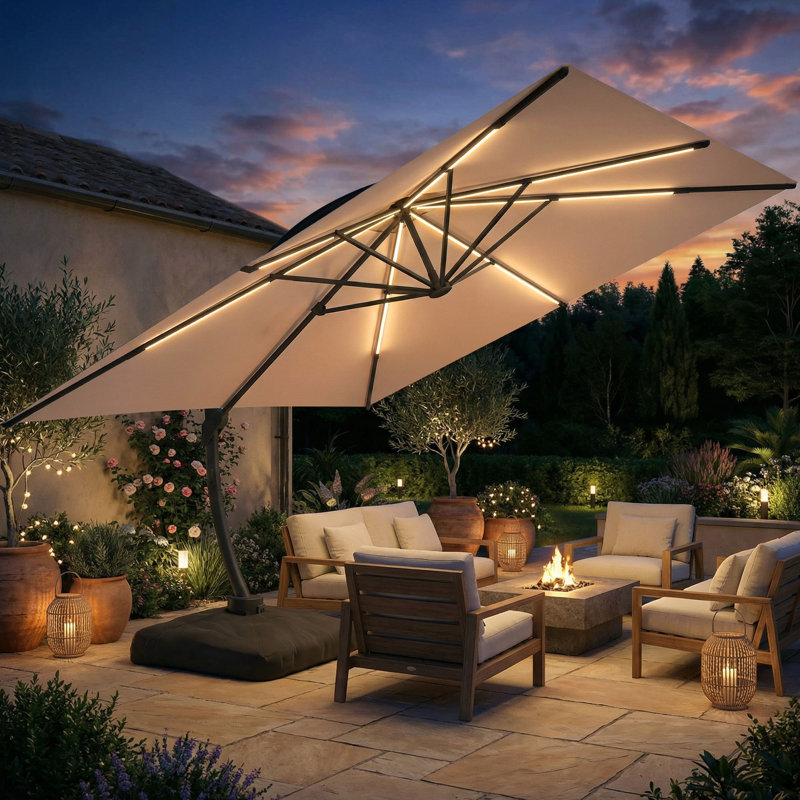 Parasol de patio carré en aluminium en porte-à-faux 11 po x 11 pi avec lumières à DEL solaires et base Gentle Chic 11 x 11 pi