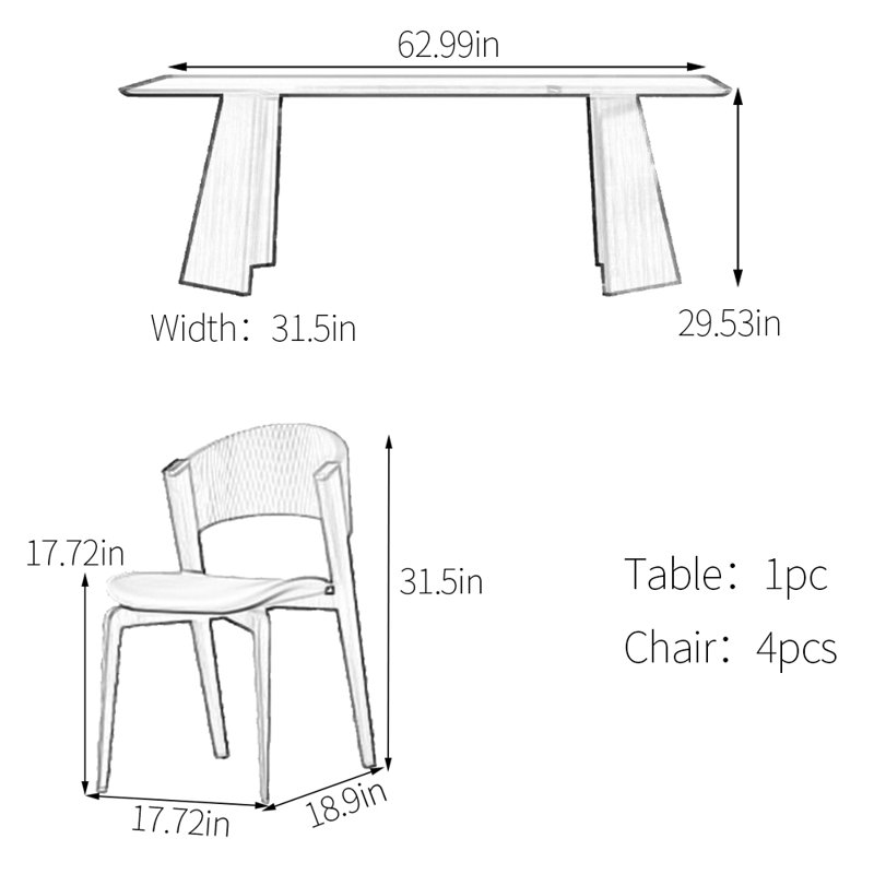 Sintered stone oak unique dining table set, 29.53”H x 62.99”L x 31.5”W