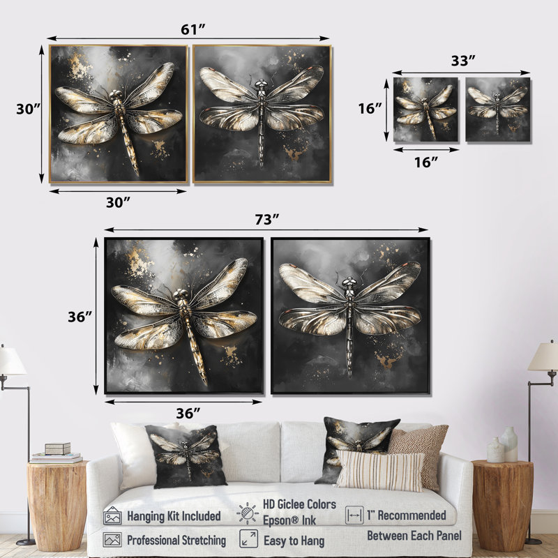 «Black and Gold Dragonfly Midnight Mirage I», art mural libellule, art mural moderne pour le salon, 2 pièces, Brun