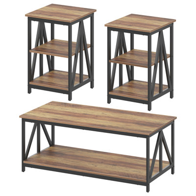 17 Stories Living Room Coffee Table Set of 3, Industrial Triangular-Design Coffee Table and 2 End Side Tables, 3 Piece Living Room Table Set with Large Storage for Apartment Home