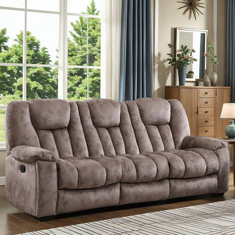 Quiteris 86.6" W Microfiber Manual Reclining Sofa, Brown