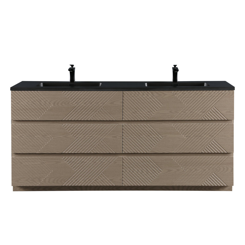 Ilic 60 po L x 21 po P 6 tiroirs Meuble-lavabo autoportant avec évier double et Comptoir en Quartz noir d'ingénierie, 71"
