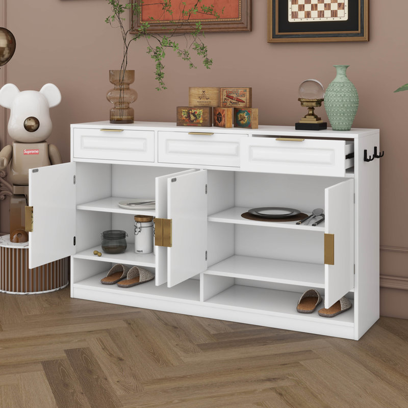 59.1" Sideboard Buffet With 3 Drawers & 4 Doors, White Storage Cabinet With Adjustable Shelf & Open Compartments, White