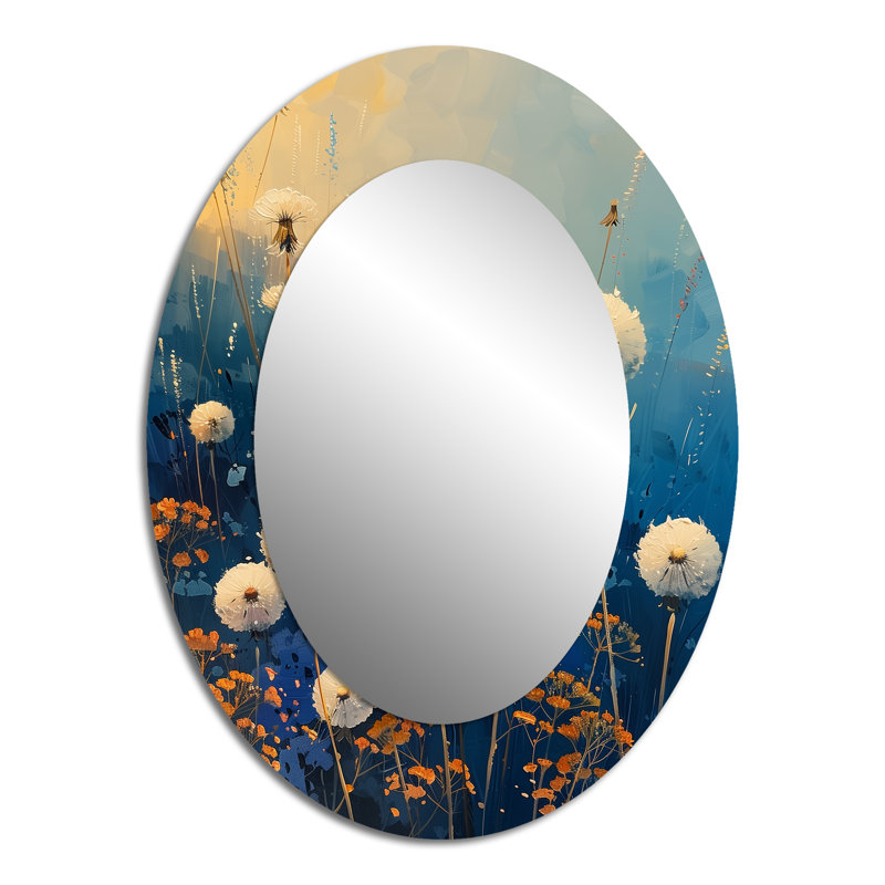 White Blue Summer Garden Party Dandelion - White Oval Wall Mirror Decor, 40" x 30"