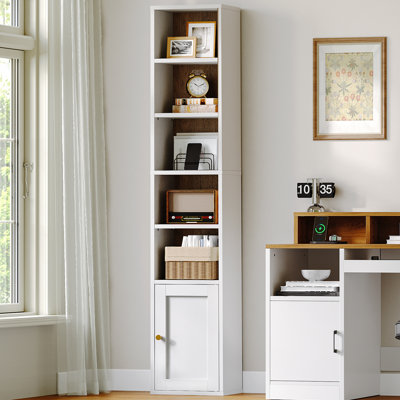 Bibliothèque étroite de 158 cm de haut avec armoire de rangement, bibliothèque d'angle mince à 7 niveaux avec tablettes ajustables