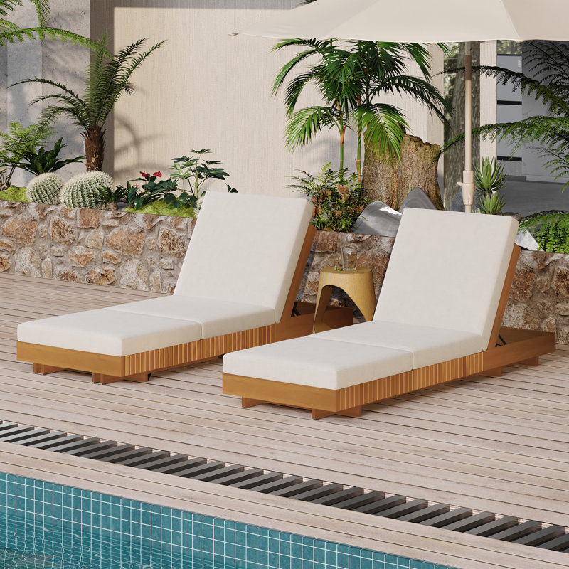 Turan Outdoor Acacia Wood Chaise Lounge Chair With Cushions, Cream, 2