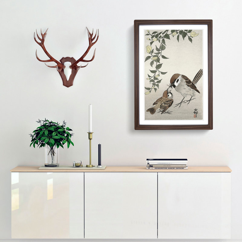 Sparrow Birds and Plants by Ohara Koson - Picture Frame Painting Print, Walnut Framed, 65cm H x 48cm W x 2cm D