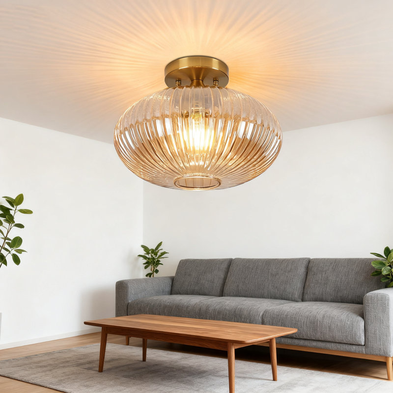 Plafonnier vintage semi-encastré avec abat-jour sphérique en verre ambré, lampe d'intérieur E26 pour couloir, cuisine, placard et salle à manger