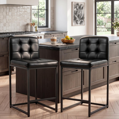 Set of 4 Counter Height Bar Stools, 25" PU Leather Kitchen Island Chairs with Grid Backrest, Padded Seat, Metal Frame, Modern Mid-Century Bar Chairs for Home Bar Dining Room