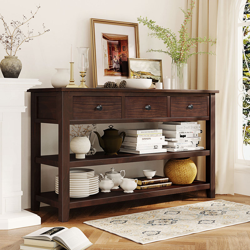 Retro Design Console Table with Two Open Shelves, Pine Solid Wood Frame