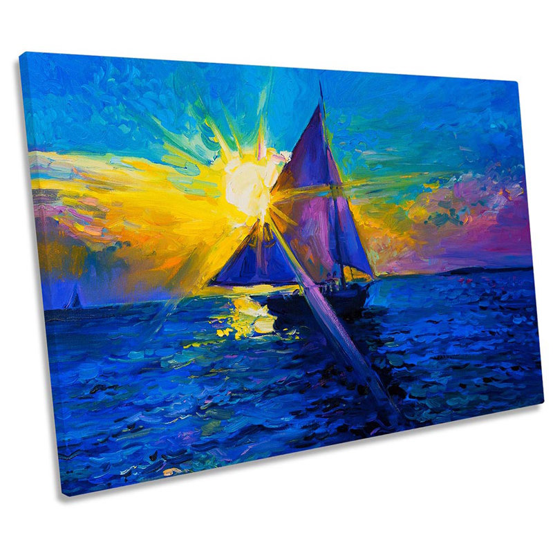 Blue Sail Boat Sunset - Wrapped Canvas Print, 30.5cm H x 45.7cm W x 2cm D