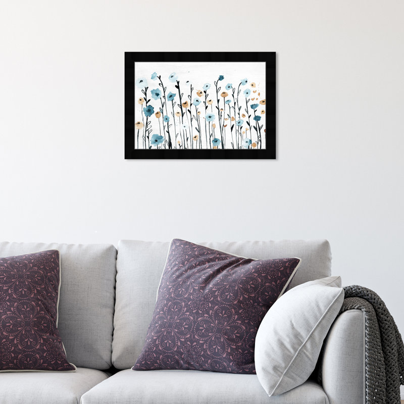 Fleurs bleues pastel bleues - peinture encadrée, Cadre noir, H 12 po x l 17 po