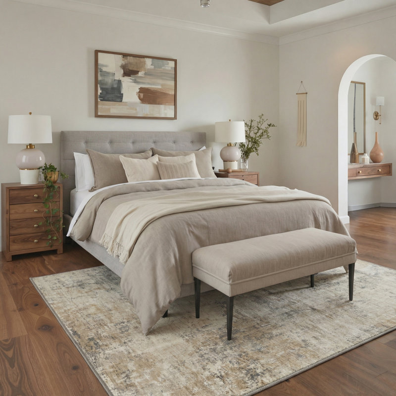 Pavelina Modern Distressed Abstract Machine Washable Beige / Grey Indoor Area Rug with Non-Slip Backing, Rectangle 6' x 9'